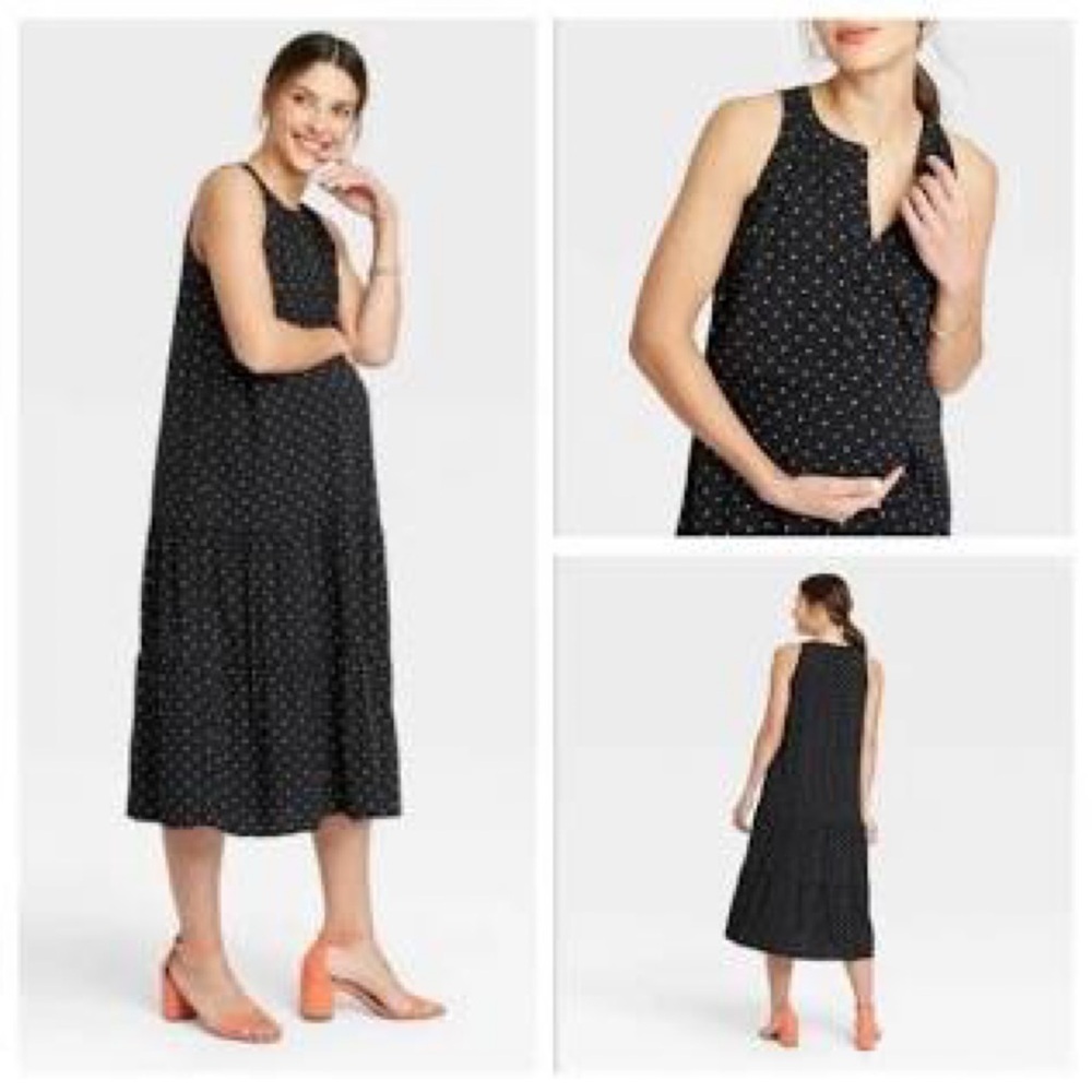 Hatch The Nines Black Polka Dot Tiered Maternity Boho Midi Sleeveless Dress XS